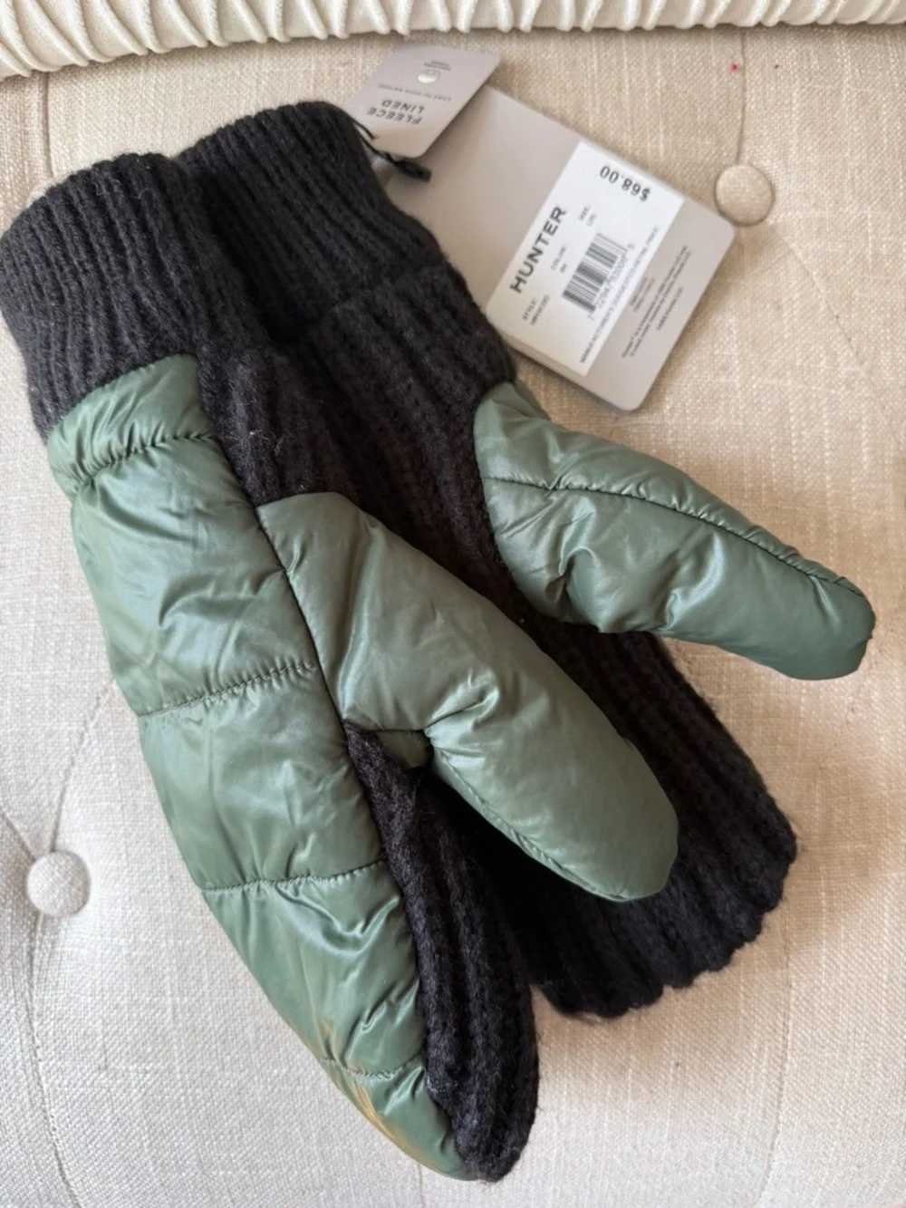Hunter Fleece Lined Puffer Knit Mittens Olive Green Black L/XL